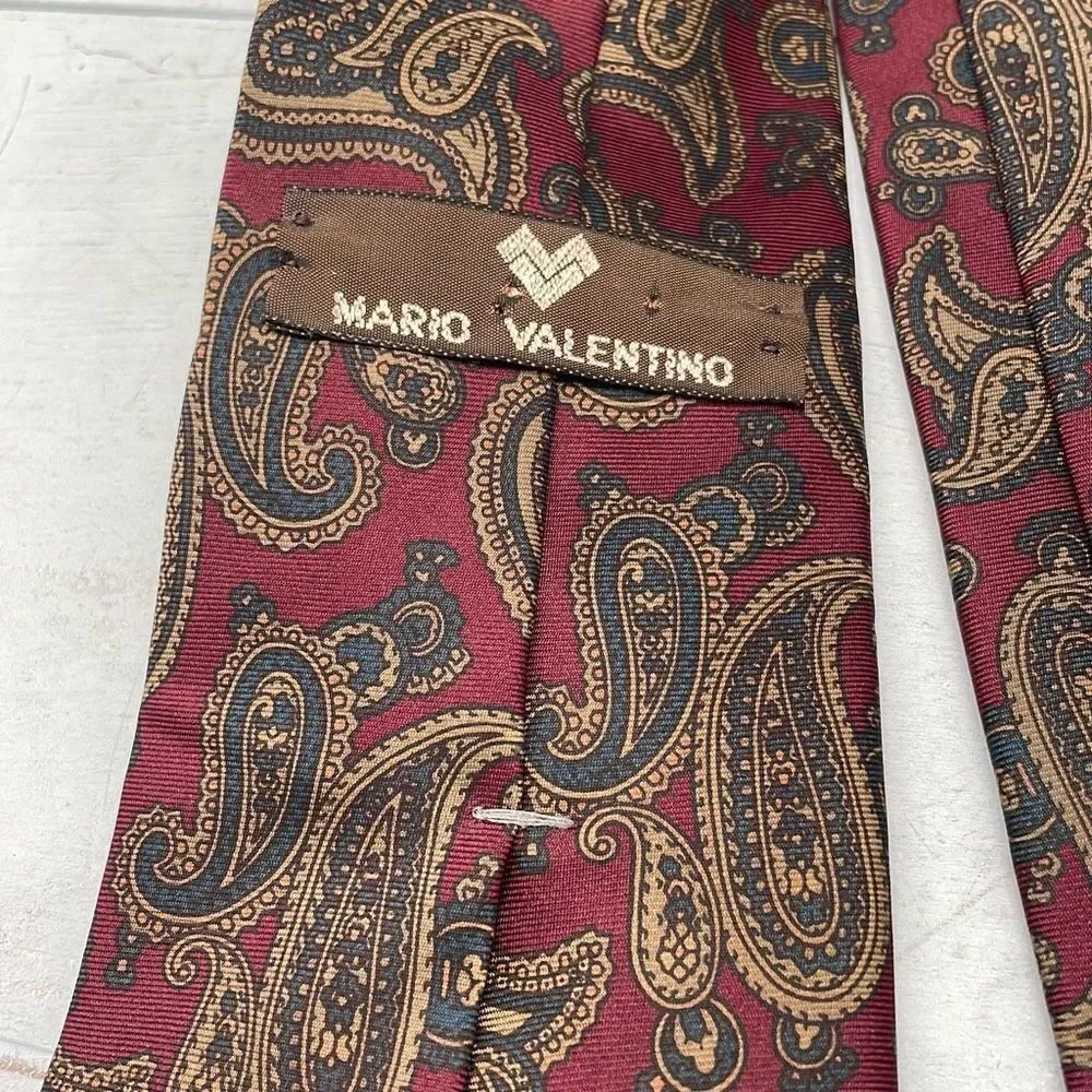 Vintage Mario Valentino Silk Ties For Mens Maroon Midnight Blue Paisley Print US